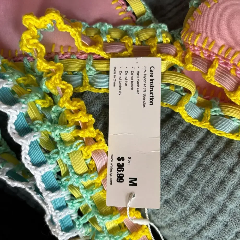 WTI Design Pink‎ Crochet Trim Bikini Top NWT Size M Multicolor Swimwear
